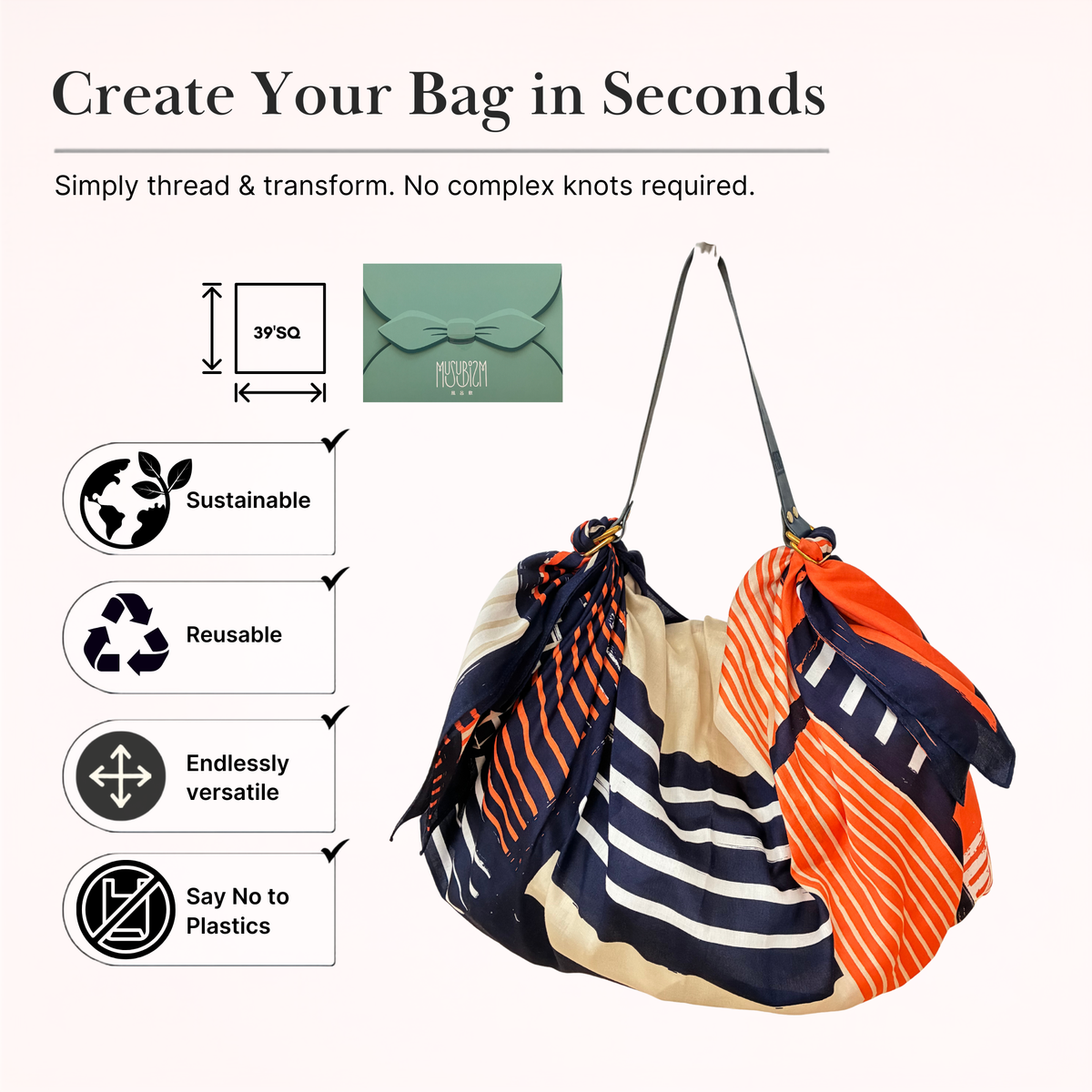 [Coffret] Furoshiki MUSUBISM « SHOJI » & Sangle en cuir (BLEU MARINE) / Kit Sac à main facile